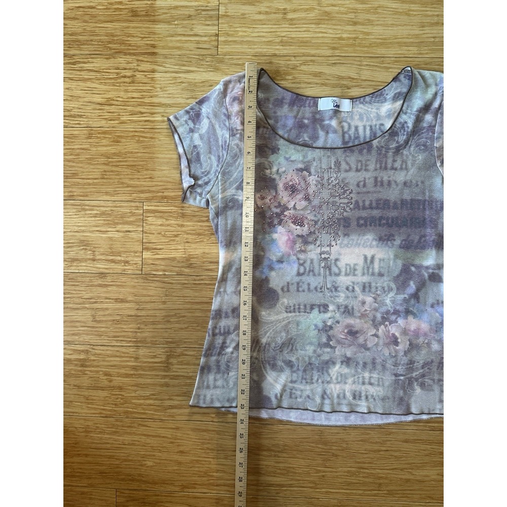 VTG Y2K Lee Cap Sleeve Women's Fairycore Cottagecore Rhinestone Floral Top SZ L - Picture 4 of 6